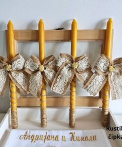 Komplet sveća za venčanje - Rustik juta i čipka