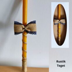 Sveća za krštenje - Rustik teget. Mašna od jute i kanapa oivičena teget čipkom