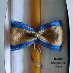 Sveća sa jutom - Rustik Kraljevsko Plava čipka na obodu mašne od jute